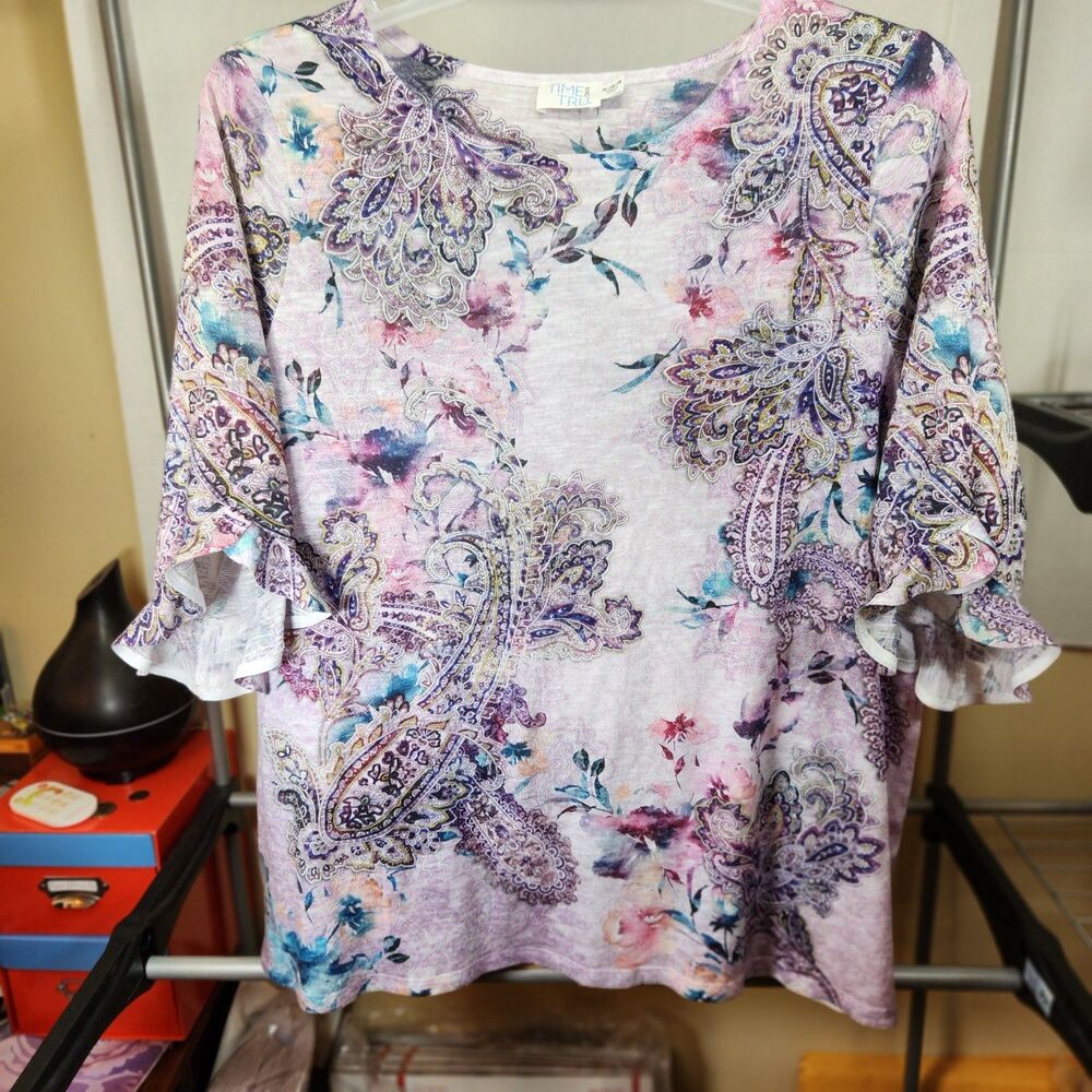 Time & Tru 1/4 Ruffle Sleeves Purple Pull Over Shirt XL